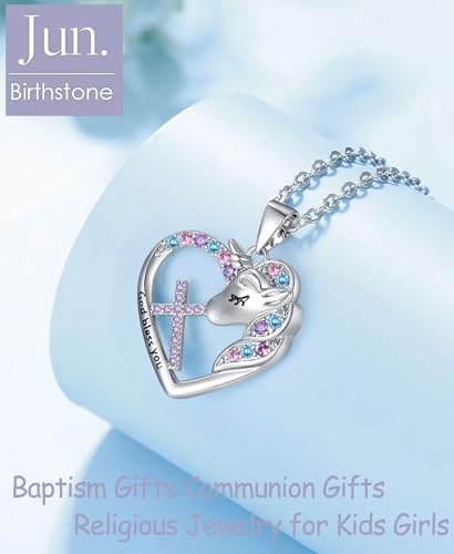 Easter Confirmation First Communion Baptism Gifts for Girls,Cross Birthstone Unicorn Necklaces for Daughter Granddaughter Niece Sister Christian Religious Gifts 16+3 Inches - color: 06.June
