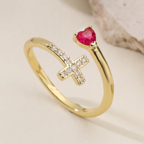 14K Gold Plated CZ Cross Heart Ring Eternity Promise Jewelry for Her - style: Rose Red Stone