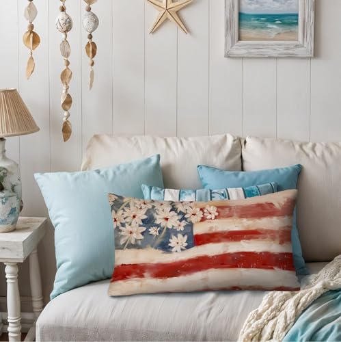 American Flag Floral Patriotic Pillow Covers 12x20 Inch - color: White-flower