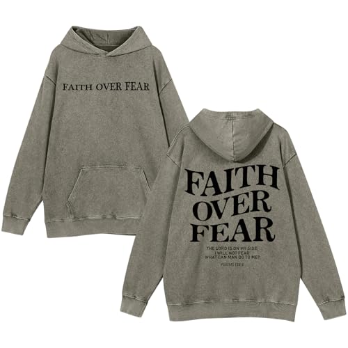 Christian Faith Over Fear Hoodies for Men Jesus Religious Graphic Sweatshirt Bible Verse Acid Wash Pullover Hoodie - color: Green, size: Small