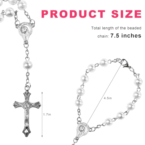 2 PCS Rosary for Rearview Mirror, Religious Cross Bead & Medal Car Rear View Mirror Hanging Ornament, Personalized Rosary Pendant Christian Auto Decoration for Women Men (White) - color: White