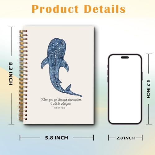 JINYO Whale Shark Christian Notebook for Women Men, Isaiah 43:2 Bible Journaling Notebook, Religious Prayer Journal for Woman, Church Notes Journal, Scripture Spiral Notebooks 5.5x8.3 Inch(Beige) - color: white Christian Notebook-2