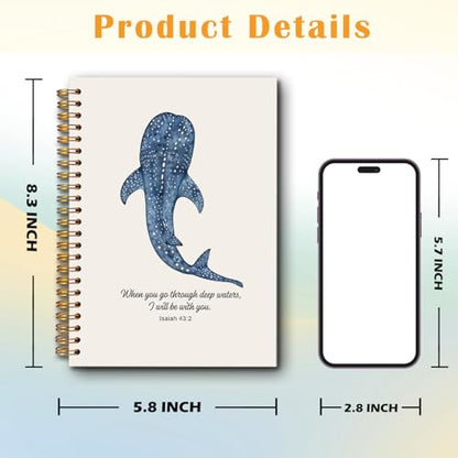 JINYO Whale Shark Christian Notebook for Women Men, Isaiah 43:2 Bible Journaling Notebook, Religious Prayer Journal for Woman, Church Notes Journal, Scripture Spiral Notebooks 5.5x8.3 Inch(Beige) - color: white Christian Notebook-2