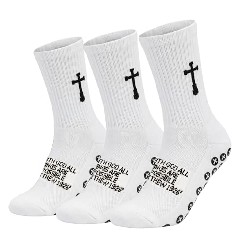 3 Pair Grip Christian Soccer Socks,Easter,Christmas Gift for Men - color: Matthew 19:26 - White