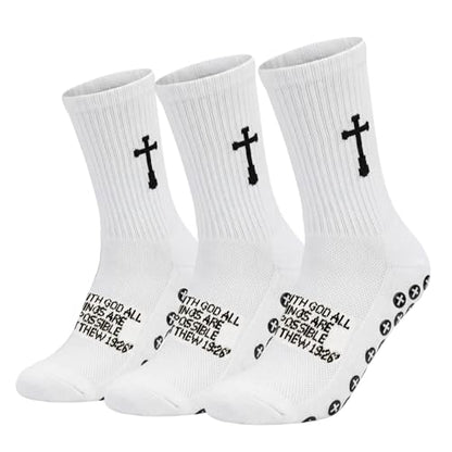 3 Pair Grip Christian Soccer Socks,Easter,Christmas Gift for Men - color: Matthew 19:26 - White