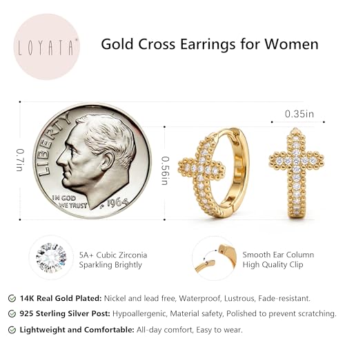 LOYATA Gold Cross Earrings for Women-14K Gold Plated Small Hoop Huggie Earrings Dainty Trendy CZ Cross Hoop Earring Cute Hypoallergenic Hoops Jewelry Gifts for Women Mothers Day Gifts for Mom - color: CZ Style2