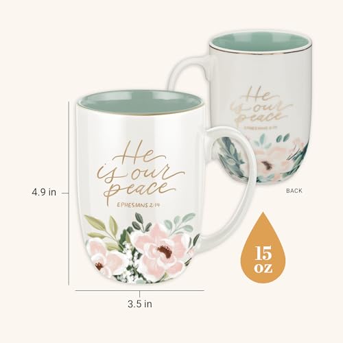 Christian Art Gifts Large 15 oz Ceramic Floral Coffee & Tea Mug for Women - color: He is Our Peace/White & Mint Green Multi Floral