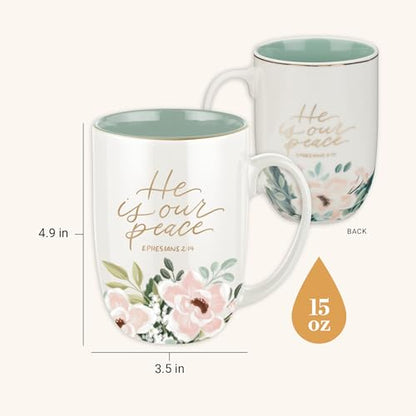 Christian Art Gifts Large 15 oz Ceramic Floral Coffee & Tea Mug for Women - color: He is Our Peace/White & Mint Green Multi Floral