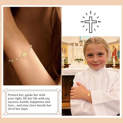 Gnamy Catholic Gifts for Teens Women, Virgin Mary Rosary Beads Cross Bracelet Religious Jewelry First Communion Confirmation Easter Basket Stuffers Teen Gifts Trendy Stuff for Daughter Gold