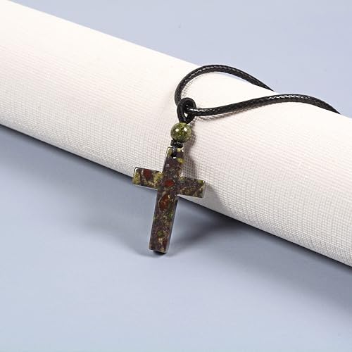 Justinstones Natural Gemstone Carved Cross Reiki Chakra Pendant Necklace 22 Inch - color: 30mm Dragon Blood Jasper