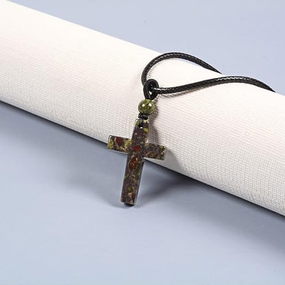 Justinstones Natural Gemstone Carved Cross Reiki Chakra Pendant Necklace 22 Inch - color: 30mm Dragon Blood Jasper