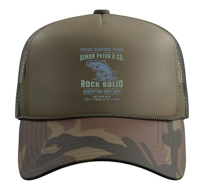 Christian Faith Jesus Simon Peter Funny Seafood Bible Verse Trucker Hat with Adjustable Mesh Back - color: Camo Green