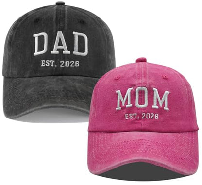 2PCS Dad and Mom EST 2026 Hats for Men Women, New Parents Gifts Cap - color: Black Pink