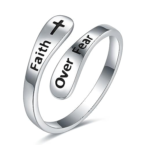 STROLLGIRL 925 Sterling Silver Faith over Fear Ring Faith Religious Jewelry Quote Ring Friend Daughter Gifts
