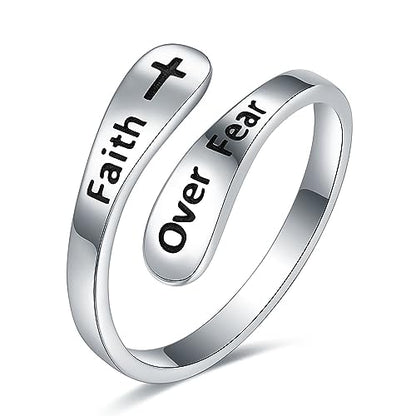 STROLLGIRL 925 Sterling Silver Faith over Fear Ring Faith Religious Jewelry Quote Ring Friend Daughter Gifts