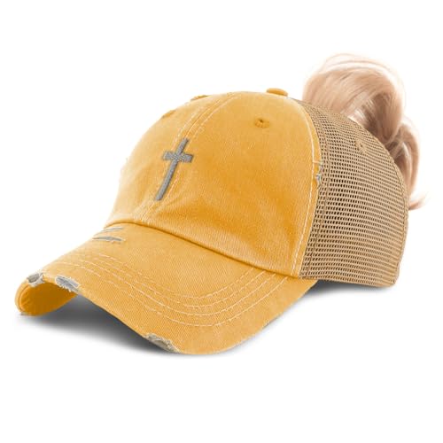 Ponytail Cap Women's Baseball Cap Embroidered Cross Silver Christ Jesus God Faith Cotton - color: Mustard Design Only