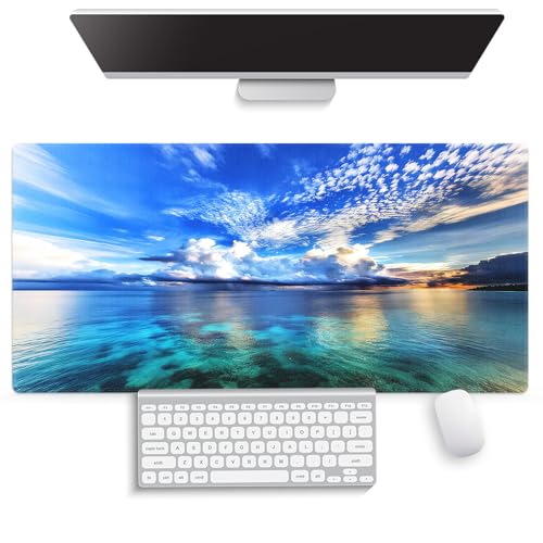 Tropical Ocean Seascape Large Mouse Pad, Blue Sky White Clouds Desk Mat - color: Blue Green