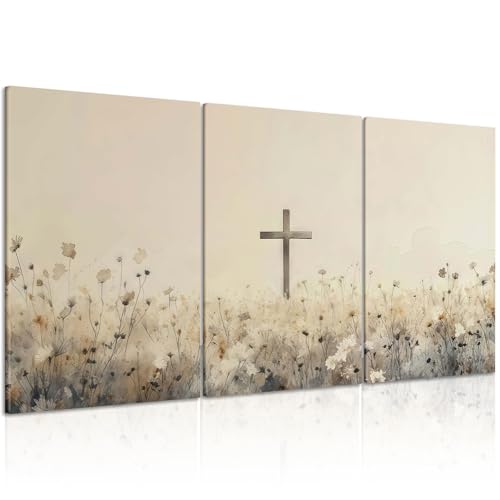 QKYKISS 3Pcs Jesus Wall Art Nature Wildflowers Cross Canvas Poster Religious Pastoral Scenery Picture Rustic Meadow Mural Country Flowers Art Print Living Room Bedroom Office wooden frame16x24in - color: Religious Cross, size: 16x24 Inches