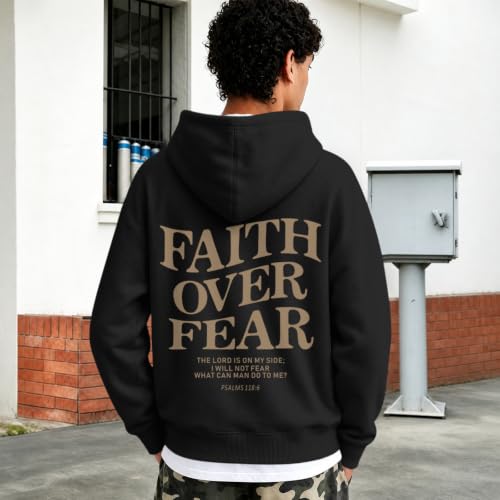 Fkatuzi Christian Faith Over Fear Hoodies For Teen Jesus Hoodie God Sweatshirt Bible Verse Religious Graphic Tops - color: Black, size: Medium