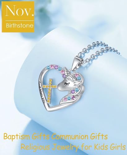 Easter Confirmation First Communion Baptism Gifts for Girls,Cross Birthstone Unicorn Necklaces for Daughter Granddaughter Niece Sister Christian Religious Gifts 16+3 Inches - color: 11.November
