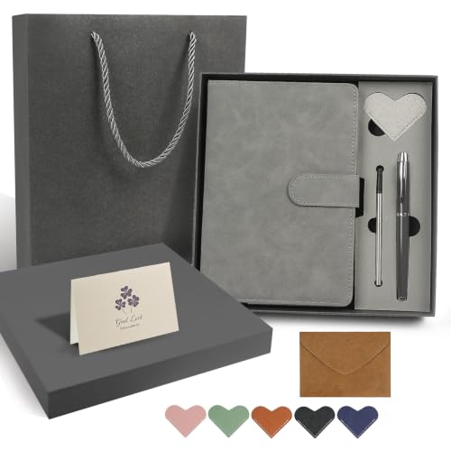 A5 Leather Journal for Women Men, Hardcover Notebook Set with Pen, Gray - color: Gray