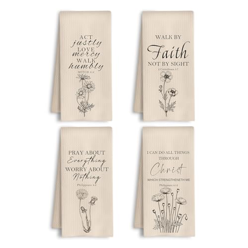 Neutral Christian Floral Kitchen Towels, Bible Verse Decor Dish Tea Towels, I Can Do All Things Through Christ Scripture Decorative Hand Towel for Bathroom Kitchen, 16x24 Inch Set of 4 - color: Christ Floral Scripture