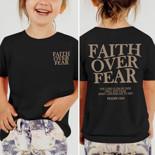 Girls Faith Over Fear Christian Shirts for Kids Jesus God Bible Verse Religious Tshirt Cute Preppy Graphic Tees Tops - color: Black, size: 11-12 Years