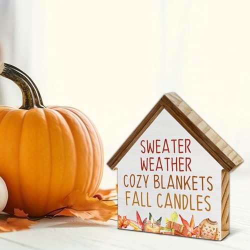 Fall Home Decor, Sweater Weather House Shaped Wood Block Sign - color: Sweater