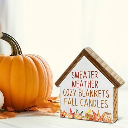 Fall Home Decor, Sweater Weather House Shaped Wood Block Sign - color: Sweater