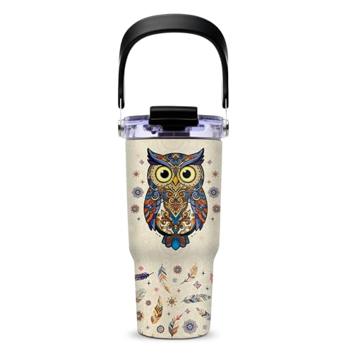 Owl Gifts for Women - Owl Tumbler with Top Handle and Flip Straw Lid 20oz Stainless Steel Insulated Travel Cups - Christmas Birthday Present for Owls Lovers Coffee Mugs - color: Owl01