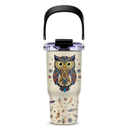 Owl Gifts for Women - Owl Tumbler with Top Handle and Flip Straw Lid 20oz Stainless Steel Insulated Travel Cups - Christmas Birthday Present for Owls Lovers Coffee Mugs - color: Owl01