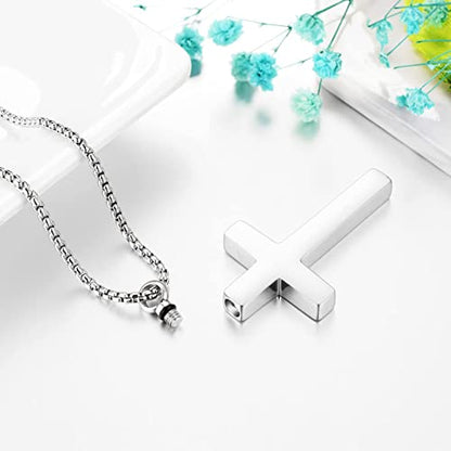 Dletay Cremation Necklace for Ashes Stainless Steel Cross Pendant Urn Necklace Memorial Keepsake Jewelry for Men Women - color: Silver-Custom