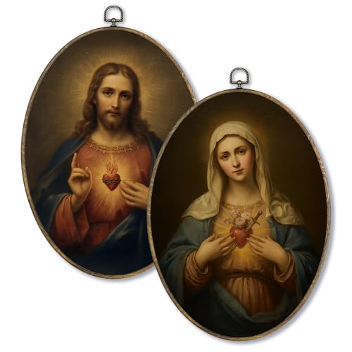 Fewgb Catholic Sacred Heart of Jesus Immaculate Heart of Mary Oval Wall Art Decor Framed Set of 2, Vintage Christian Canvas Wall Art Prints Picture, Religious Decor Artwork for Gallery Bedroom 9x12 - color: jesus & mary-set
