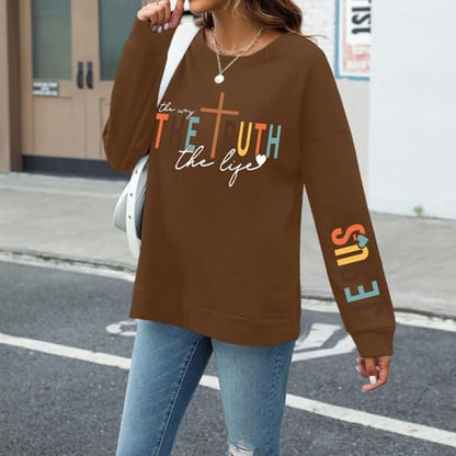 Tuislay Christian Sweatshirt Womens Jesus God Pullover Bible Verse Crewneck Sweatshirts Religious Cross Graphic Shirts - color: Brown, size: X-Large