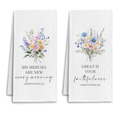 Christian Floral Kitchen Towels, Lamentations 3:23 Bible Verse Dish Tea Towels for Kitchen, His Mercies are New Every Morning Decorative Hand Towel for Bathroom, 16x24 Inch Set of 2 - color: Wildflower