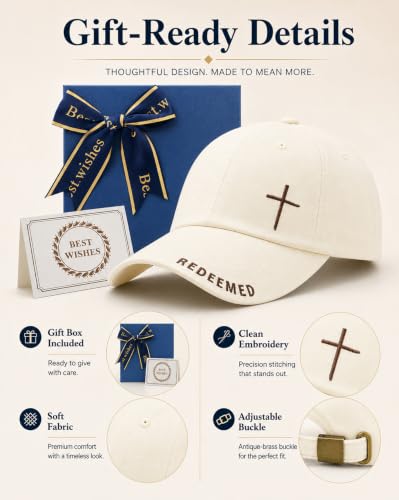 Cross Jesus Hat with Gifts Box, Embroidered Religious Baseball Cap, Christian Gifts for Men Women - color: Beige