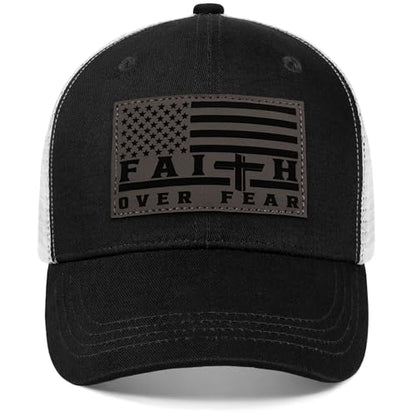 Faith Over Fear Christian Hats for Men Women, American Flag Trucker Hat, Religious Gifts for Thanksgiving Christmas - color: Black/White