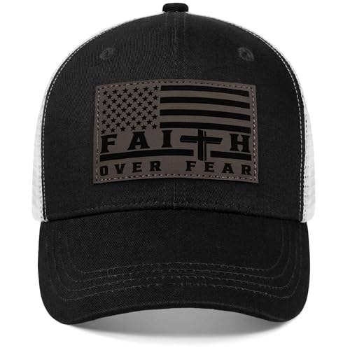 Faith Over Fear Christian Hats for Men Women, American Flag Trucker Hat, Religious Gifts for Thanksgiving Christmas - color: Black/White