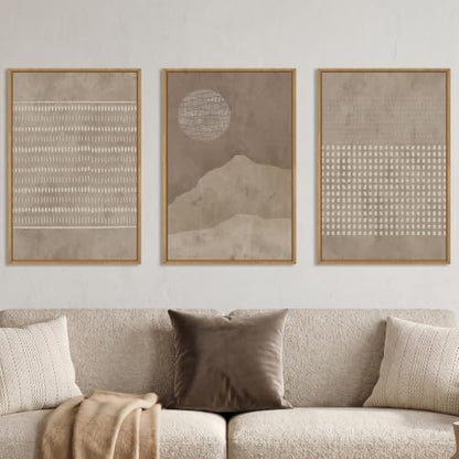 Aryroi Mid Century Modern Tan Beige Framed Canvas Wall Art Set-24"x36"x3 - color: Neutral Dot Wall Art, size: 24"L x 36"W