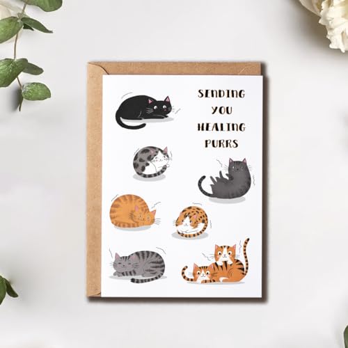 Sending You Healing Purrs Card - Cute Cat Card - Cat Lovers Card - Get Well Soon Card - Support Card - Lovely Card - Feel Better Card - Blank Card