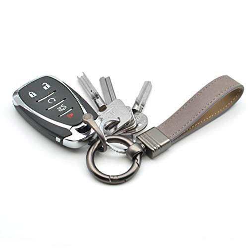 Car Fob Key Chain Genuine Leather Keychains Holder for Men and Women, 360 Degree Rotatable, with Anti-lost D-Ring, Circle Carabiner and Key Rings, Gray Grey - color: Gray