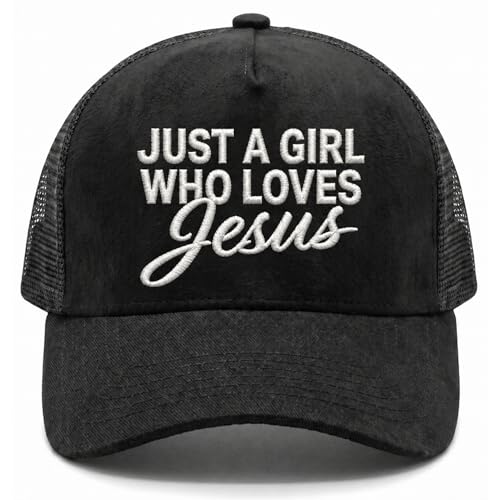 Christian Hat for Men Women - Premium Embroidered Faith Baseball Cap - Religious Jesus Gifts, Mesh Back Trucker Hats - color: Just a Girl Who Loves Jesus-black