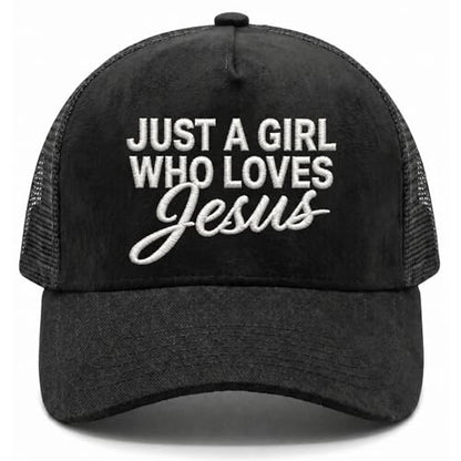 Christian Hat for Men Women - Premium Embroidered Faith Baseball Cap - Religious Jesus Gifts, Mesh Back Trucker Hats - color: Just a Girl Who Loves Jesus-black