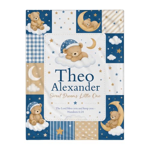 Personalized Teddy Bear Moon Baby Blanket, Custom Baby Name Blanket - color: Blue #4