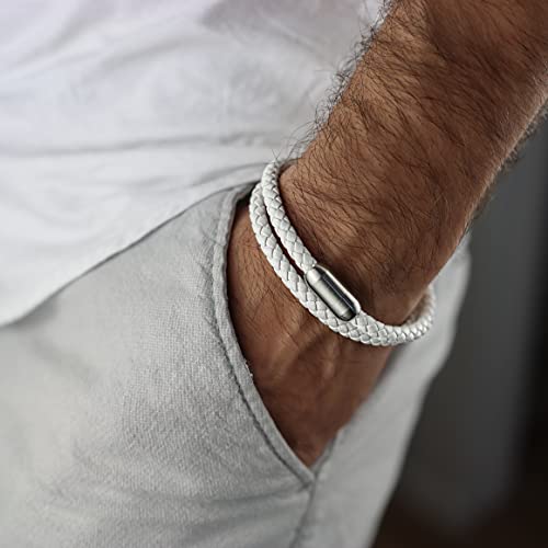 globi Leather Bracelet For Men | Genuine Wrap Braided Leather Cuff Bangle Bracelet with Magnetic Stainless Steel Clasp For Men/Women - color: White