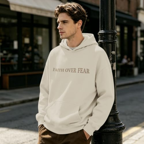 Mens Christian Faith Over Fear Hoodie Jesus Religious Graphic Hoodies Inspirational Bible Verse Vintage Sweatshirt - color: Apricot, size: Medium