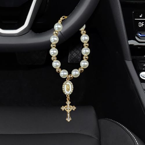 Rosary Car Steering Wheel Rosary Charm, Alloy Cross Religious Rear View Mirror Charm, Personalized Car Mirror Hanging Accessories for Most Cars (White) - size: White