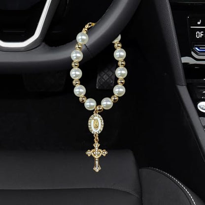 Rosary Car Steering Wheel Rosary Charm, Alloy Cross Religious Rear View Mirror Charm, Personalized Car Mirror Hanging Accessories for Most Cars (White) - size: White