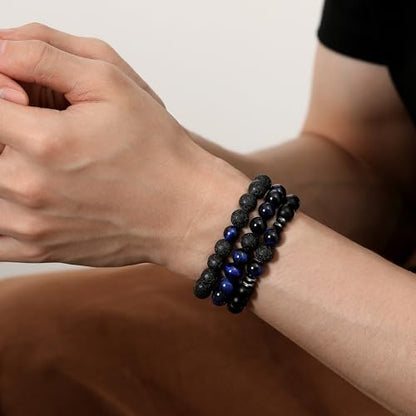 Mens Beaded Bracelets, 8MM Beaded Bracelets for Men, Natural Tiger Eye Bead Bracelet, Stretch Elastic Beads Bracelets for Men - color: 3 lapis lazuli volcanic black