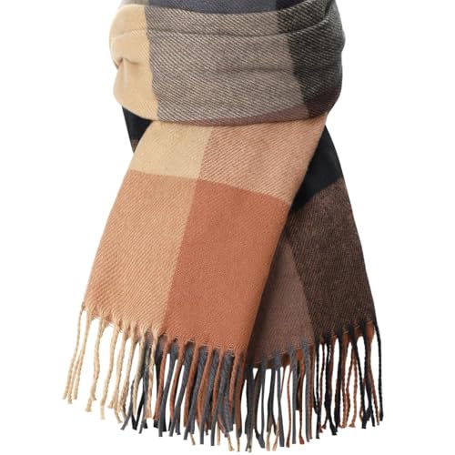 Clothirily Womens Winter Scarf, Oversized Long Blanket Plaid Shawl Wrap - color: Brown Grey Lattice